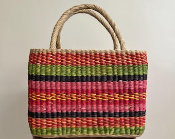 Handwoven Straw Tote Bag: Colorful Peruvian Market Basket