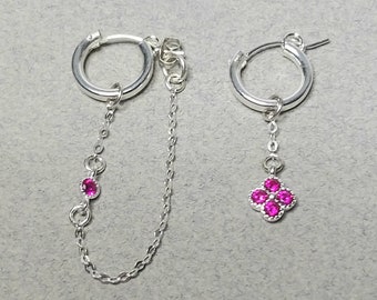 Asymmetric Long Chain Earrings, Sterling Silver Hoop Earrings, Pink CZ Flower Earrings, Flower Earrings, Women Earrings, Gift For Her