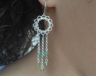 Peridot Swarovski Crystal Beaded Earrings, Silver Filigree Earrings, Boho Chandelier Earrings, Dangle Earrings, Silver Long Earrings
