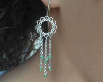 Boucles d’oreilles perlées en cristal Peridot Swarovski, boucles d’oreilles en filigrane argenté, boucles d’oreilles Boho Chandelier, boucles d’oreilles pendantes, boucles d’oreilles longues en argent