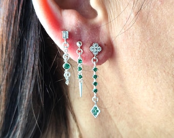 Smaragd 5 Löcher Sterling Silber Ohrringe, Ohrstecker, Ohrringe Set für Frauen, grüne CZ Ohrringe, minimalistische Ohrringe, Geschenk für sie