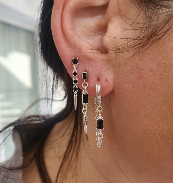 3 Holes Earrings Sterling Silver Hoop Earring Stud Earrings Earrings Set for Women Black CZ Earrings Minimalist Earrings Gift for Her Etsy