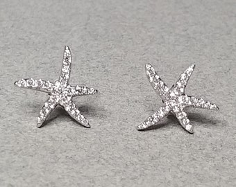 Starfish Silver CZ Stud Earrings, Sterling Silver Starfish Stud Earrings, Women Jewelry, Sea Lovers Jewelry