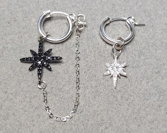 North Star CZ Hoop Earrings. Asymmetric Sterling Silver Hoop Earrings, Star Hoop Earrings, Black And Clear CZ eARRINGS