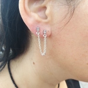 Double Piercing Stud Baguette Clear CZ Chain Earring, Delicate Minimalist Earring