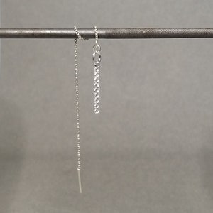 Sterling Silver CZ Double Piercing Threaded Bar Earring, CZ Bar Chain Earring, Dangling Earring