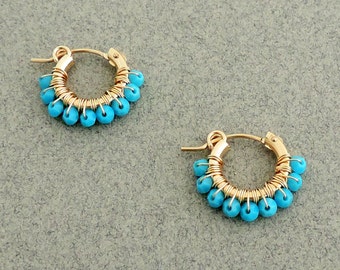 Gift Under 50, Gipsy Earrings, Wire Wrapped Hoops, Swarovski Turquoise Earrings, Gold And Turquoise, Small Hoop Earring Gold, Christmas Gift