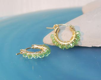 Small Wire Hoop Earrings, Swarovski Earrings, Green Earrings, Swarovski Peridot, Birthday Gift, Christmas Gift, Gift For Her, Gipsy Earrings