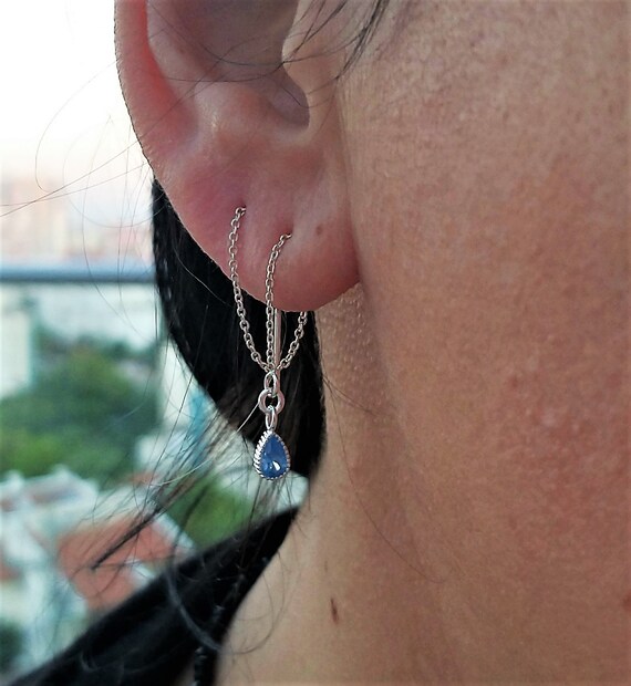 Double Piercing Thread Earring, Two Holes Earring, Sterling Silver