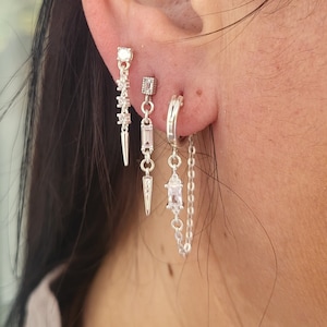 3 Holes Earrings, Sterling Silver Hoop Earring, Stud Earrings, Earrings Set For Women, Black CZ Earrings, Minimalist Earrings, Gift For Her