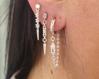 3 Holes Earrings, Sterling Silver Hoop Earring, Stud Earrings, Earrings Set For Women, Black CZ Earrings, Minimalist Earrings, Gift For Her