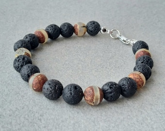 Tibetan Agate & Lava Bracelet, Yoga Bracelet, Unisex Bracelet, Aromatherapy Bracelet, Healing Bracelet, Black and Brown Unisex Bracelet