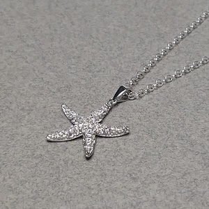 Sterling Silver CZ Starfish Pendant Necklace, Sea Lovers Necklace, Unisex Necklace