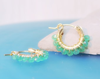 Gift Under 50, Green Onyx Hoops, Green Hoop Earrings, Gold And Green, Onyx, Gift For Her, Goldfilled Hoop Earrings, Wire Wrapped Earrings