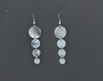 Long Silver Earrings, Hammered Circles Earrings, Lightweight Earrings, Sterling Silver Circles Earrings, Women Earrings