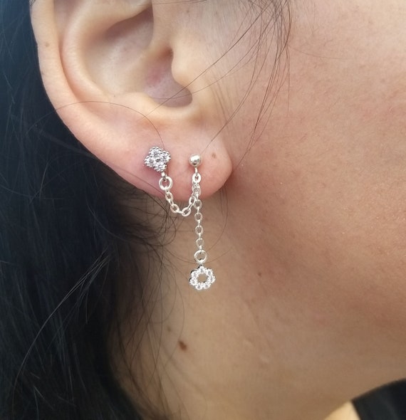 Double Piercing CZ Clear Flower Earring Two Holes Earring Sterling Silver and Clear CZ Delicate Earring Gift For Her