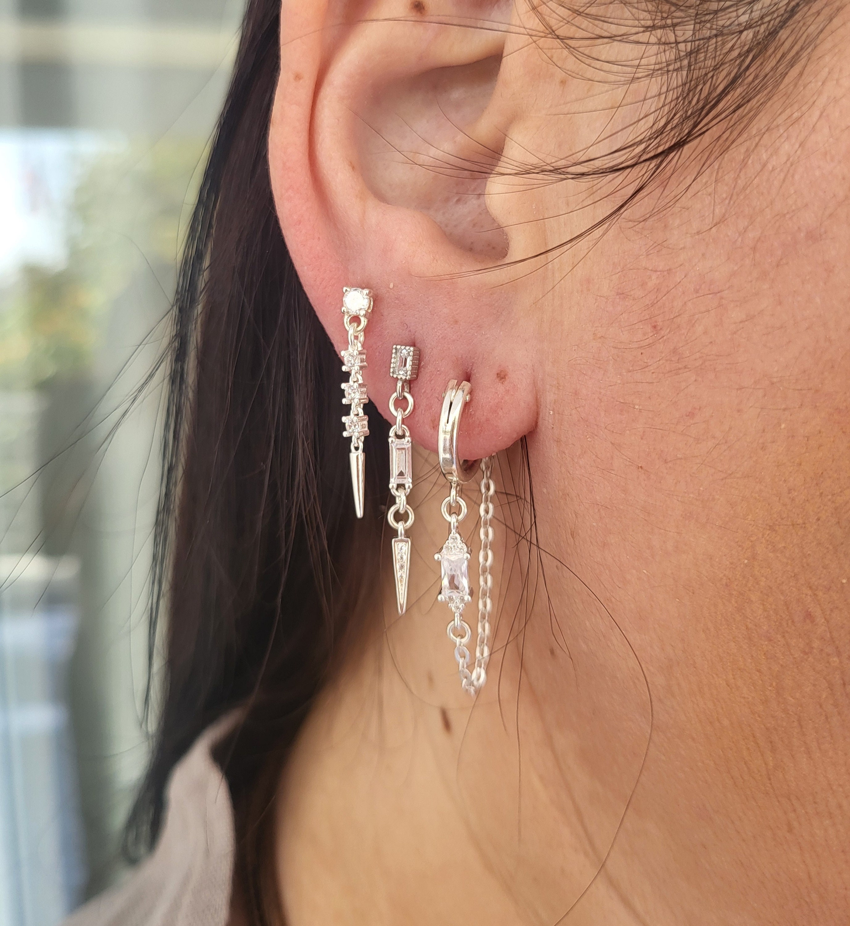 【Sentiments】NO.288 EARRING 3 Holes Earrings, Sterling Silver Hoop Earring, Stud