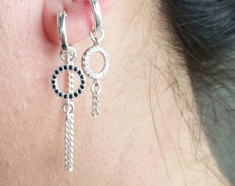 Asymmetric Sterling Silver Hoop Earrings, Zirconia Clear And Black Earrings, Gift For Her, Mismatched Earrings