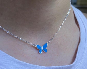 Butterfly Sterling Silver Pendant Necklace, Light Blue Enamel Butterfly Pendant, Dainty Silver Butterfly Necklace