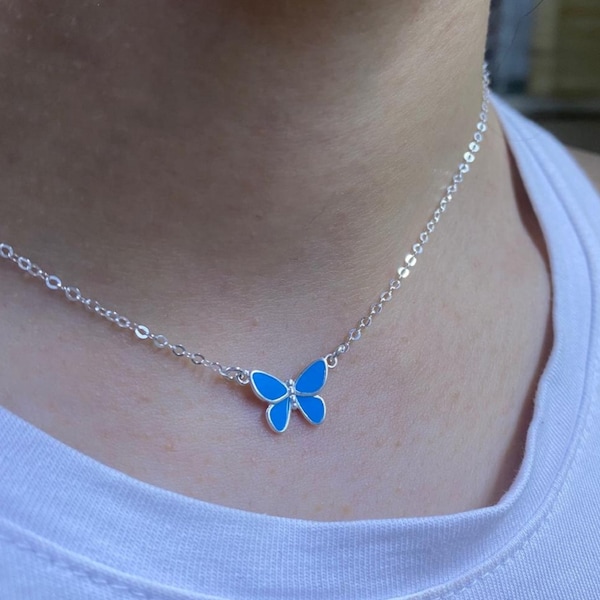 Butterfly Sterling Silver Pendant Necklace, Light Blue Enamel Butterfly Pendant, Dainty Silver Butterfly Necklace