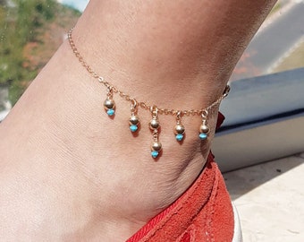 Swarovski Turquoise And 14k Goldfilled Bead Anklet, Gold Anklet For Women, Summer Jewelry, Gold Anklet Bracelet, Swarovski Anklet