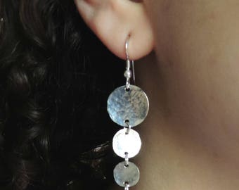 Gift Under 50, Long Silver Earrings, Hammered Circles Earrings, Lightweight Earrings, Sterling Silver Circles Earrings, Women Earrings