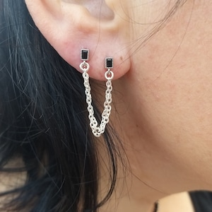 Double Piercing Stud Baguette Black CZ Chain Earring, Delicate Minimalist Earring