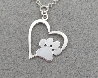Sterling Silver Heart Paw Necklace, Dog Lover Gift