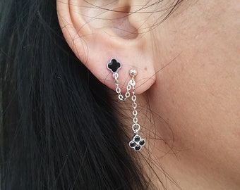 Double Piercing Black Flower Earring, Two Holes Earring, Sterling Silver and Black CZ, Enamel Stud, Flower Charm Earring, Chain Drop Earring