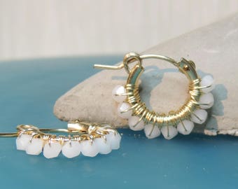 Gift Under 50, White Alabaster Hoop Earrings, Small Hoop Earrings, Light Weight, 14K Gold Filled Hoop Earrings, Girl&#39;s Gift, Women Earrings