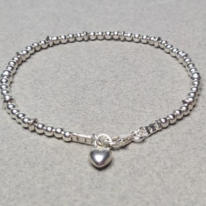 Sterling Silver 3 MM Beads Bracelet, Heart Charm Bracelet, Love Bracelet, Silver Heart Bracelet, Bestfriend Gift, Girlfriend Gift