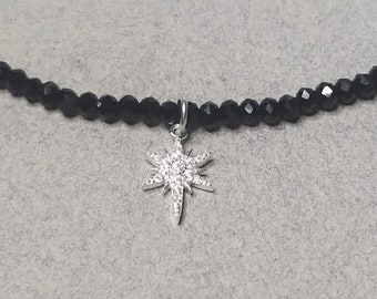 Mothers Day Gift, Tiny Sterling Silver CZ North Star Necklace, Black Crystal Beads Necklace, Delicate Necklace, Christmas Gift