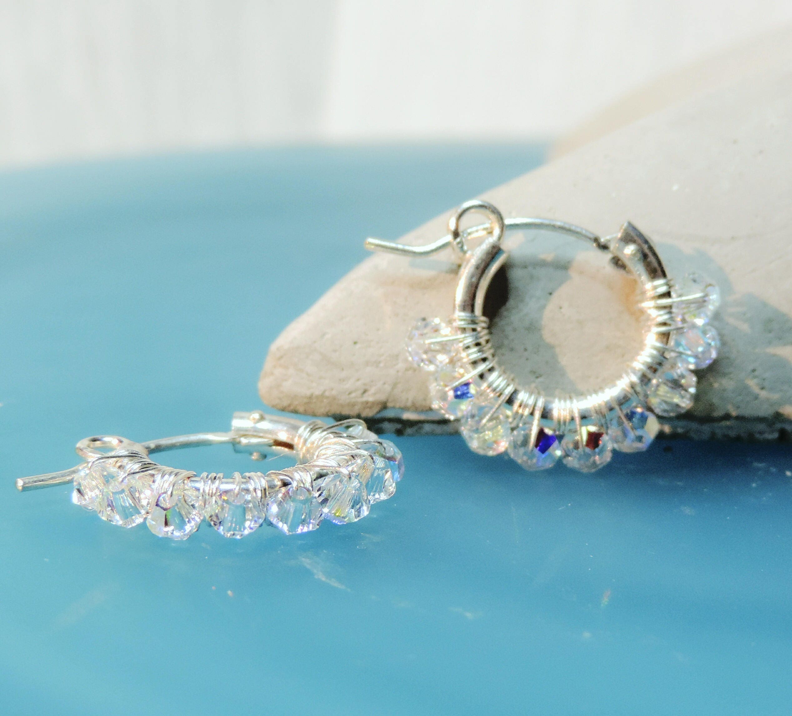 Gift Under 50,Crystal Hoop Earring, Sterling Silver Hoop Earring, Boho Crystal Hoops, Small Hoop Earring, Wire Wrapped Crystal Hoop Earrings