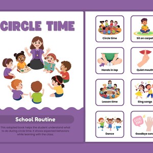 May include: An open book with a purple cover and spiral binding. The left page features the text "CIRCLE TIME" and "School Routine" with illustrations of children and a teacher. The right page has illustrations of classroom activities.