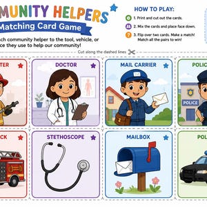 Puede incluir: Una hoja de juego de cartas de emparejar Community Helpers con ilustraciones coloridas de bomberos, médicos, carteros y policías junto a sus herramientas y vehículos. Incluye instrucciones para tres formas de jugar.