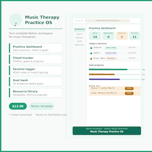 May include: A digital Notion template for music therapists, titled "Music Therapy Practice OS." The interface displays a practice dashboard with client and session data, goal progress, and a resource library. The template includes a $12.00 price tag.
