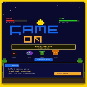 May include: A digital musical game book titled GAME ON with a pixel art interface. It features a monster health bar, player health bar, and four monster icons labelled Shadow, Cloud, Goblin, and Griffin. The text reads 14 MONSTERS INSIDE and OKEANOS MT, with a digital download button.