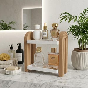 Two Tier Arch Organizer Shelf | Modern Vanity Tray | Minimal Bathroom Counter Shelf | Desk Organizer | Neutral Home Decor | Skincare Display image 5