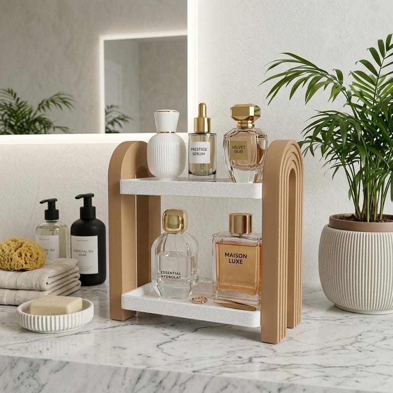 Two Tier Arch Organizer Shelf | Modern Vanity Tray | Minimal Bathroom Counter Shelf | Desk Organizer | Neutral Home Decor | Skincare Display image 5