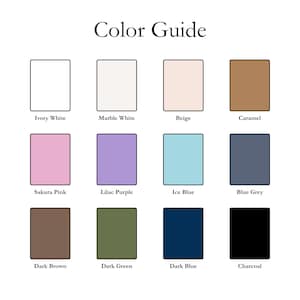 May include: A color guide chart featuring twelve rectangular swatches arranged in three rows. The colors are labeled Ivory White, Marble White, Beige, Caramel, Sakura Pink, Lilac Purple, Ice Blue, Blue Grey, Dark Brown, Dark Green, Dark Blue, and Charcoal.