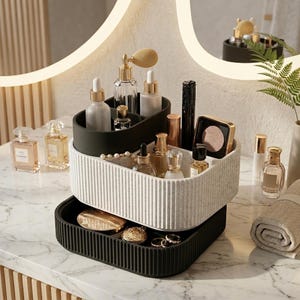 Organizador de Maquiagem Empilhável | Bandeja de Toucador com Textura Canelada | Caixa Modular para Cosméticos | Organizador Minimalista para Bancada de Banheiro | Decoração Moderna para Casa