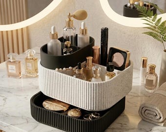 Stackable Makeup Organizer | Ribbed Vanity Tray | Modular Cosmetic Storage Box | Minimal Bathroom Counter Organizer | Modern Home Decor