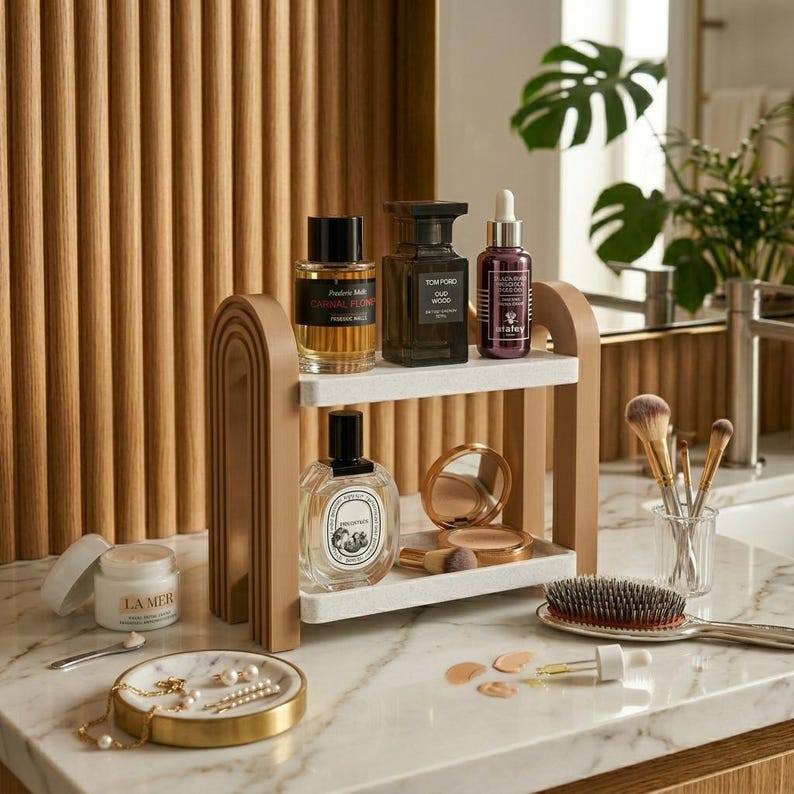 May include: A two-tiered beige and white arched shelf holding three perfume bottles, a compact, and a brush. Nearby are a La Mer cream jar, a gold jewelry tray with pearl hair clips, a glass cup with makeup brushes, and a hairbrush on a marble surface.