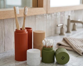 Minimalist Modular Travel Container Set – Matte Ribbed Toothbrush, Vitamin and Jewelry Organizers – Modern Japandi Bathroom & Travel Storage