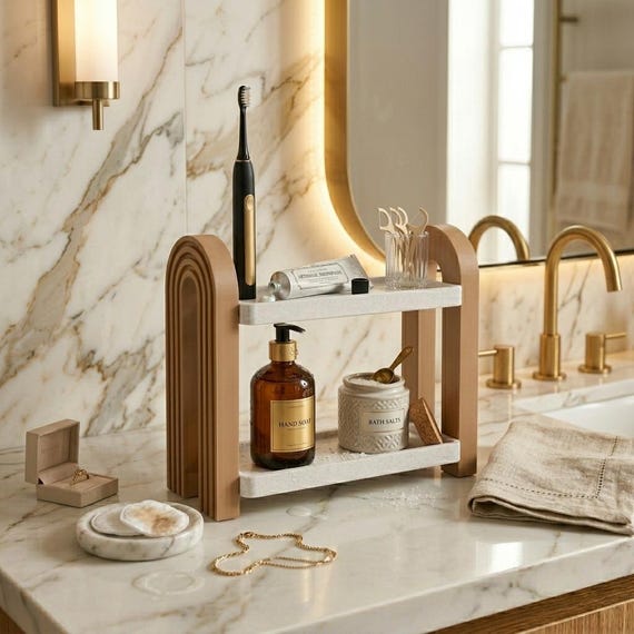 Two Tier Arch Organizer Shelf | Modern Vanity Tray | Minimal Bathroom Counter Shelf | Desk Organizer | Neutral Home Decor | Skincare Display