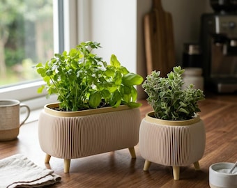 Minimalist Ribbed Herb Planter Set, Indoor Kitchen Herb Planter, Modern Herb Pot with Drainage, Windowsill Planter, Mint Parsley Planter