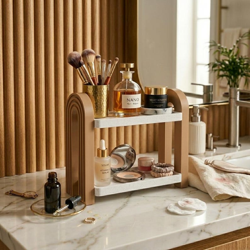 May include: A two-tier countertop organizer with arched tan side supports and white shelves. The top shelf holds a gold textured cup with makeup brushes, a glass bottle labeled NANO, and a jar labeled VELVET REPAIR. The bottom shelf holds a serum bottle, a compact mirror, a small jar, and two hair scrunchies.