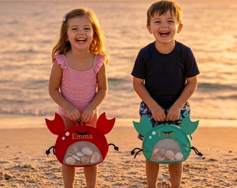 Personalized Kids Seashell Collection Bag, Custom Embroidered Beach Treasure Tote, Crab Shell Collecting Bag, Summer Gift for Boys & Girls