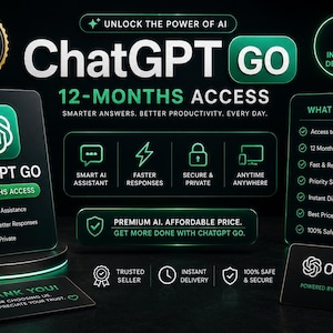 Puede incluir: Gráfico promocional de ChatGPT GO, con un diseño en negro y verde. El texto destaca el acceso por 12 meses, respuestas más inteligentes y mejor productividad. Los iconos representan funciones como asistencia de IA inteligente y entrega instantánea.