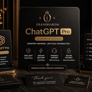Op de afbeelding: Een promotionele display met zwarte kaarten met gouden tekst. De centrale kaart leest "ChatGPT Pro 12-MAANDEN TOEGANG" met ondersteunende tekst en iconen. Kleinere kaarten tonen het logo en extra informatie. De algehele thema is premium en professioneel.